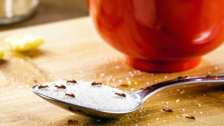 Ants sur une cuillère de sel avec une tomate en arrière-plan, concept de lutte contre les nuisibles.
