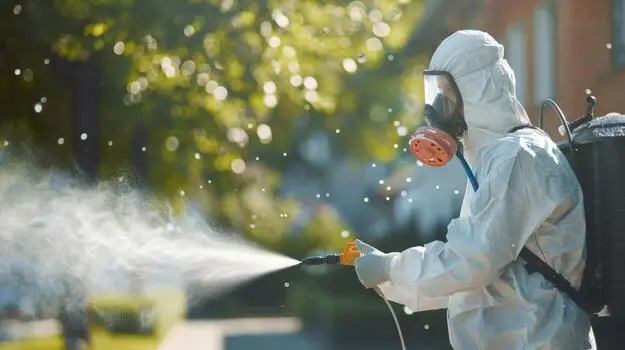 Technicien SOS Extermination en combinaison de protection lors d'un traitement extérieur